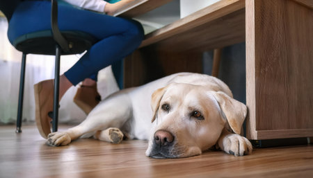A cheerful dog lays quietly beneath a desk while its owner works, enjoying a sunny afternoon.の素材