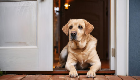 A friendly golden retriever lounges by the open door, watching the world go by as evening falls.の素材