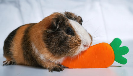 A small guinea pig with a mix of brown and white fur creatively paws at a colorful carrot toy.の素材