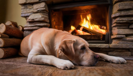 A happy pet lies peacefully on the floor, enjoying the warmth of the crackling fire nearby.の素材