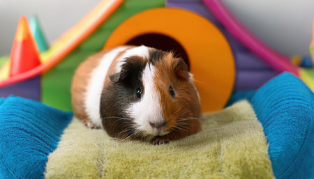 A playful guinea pig lounges on a soft surface in its vibrant, lively habitat.の素材