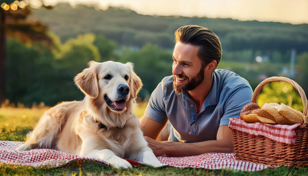 A happy man lies on a blanket with his golden retriever, sharing a joyful picnic experience.の素材