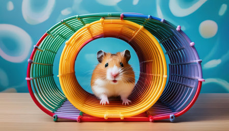 A lively hamster plays in a colorful tunnel, showcasing its curious personality in a cozy space.の素材