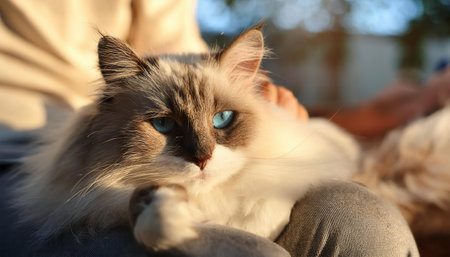 A fluffy cat with striking blue eyes lounges peacefully in a cozy setting, basking in sunlight.の素材