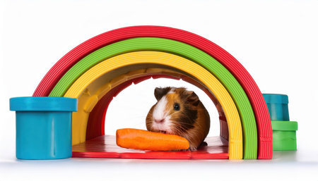 A cheerful guinea pig relaxes under a rainbow arch with a fresh carrot on a vibrant surface.の素材