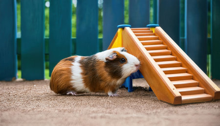 A lively guinea pig approaches a colorful slide, ready for fun and adventure in a sunny environment.の素材