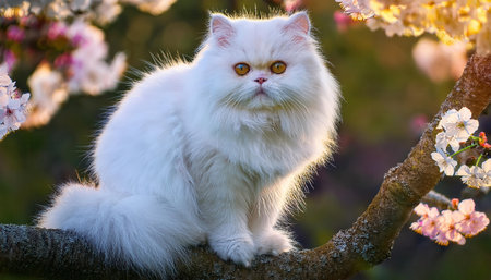 A charming white cat relaxes on a branch decorated with soft pink blossoms.の素材