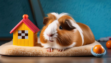 A cheerful guinea pig interacts with bright toys and a colorful house in its playful space.の素材