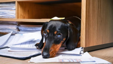 A playful dachshund takes a cozy nap among papers and files, adding charm to the vibrant workspace.の素材