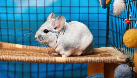 A lively chinchilla frolics on a cozy platform surrounded by bright toys and playful decor.の素材