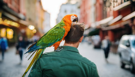 A lively parrot perches on a mans shoulder, blending with the bustling city vibe and colors.の素材