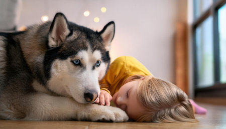 A child lays beside a husky, sharing a peaceful moment of connection and affection indoors.の素材