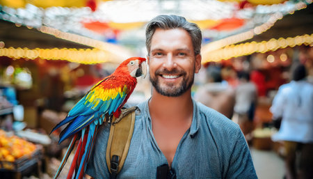 A man smiles confidently while a colorful parrot rests on his shoulder in a bustling market.の素材