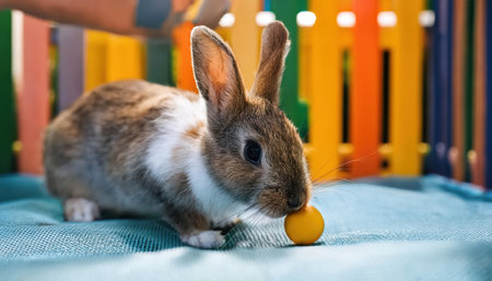 A lively rabbit explores a vibrant setting, captivated by a small yellow ball on soft fabric.の素材