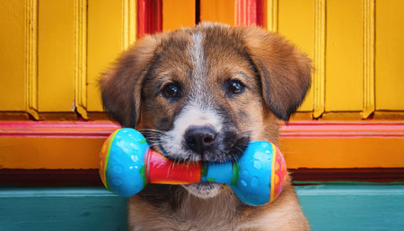 A spirited puppy joyfully holds a bright toy, bringing life to the colorful backdrop and atmosphere.の素材