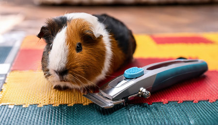 A playful guinea pig relaxes alongside grooming tools on a bright, patterned surface.の素材
