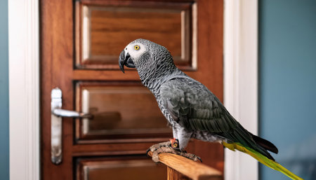 A gray parrot with yellow feathers watches its surroundings from a railing.の素材