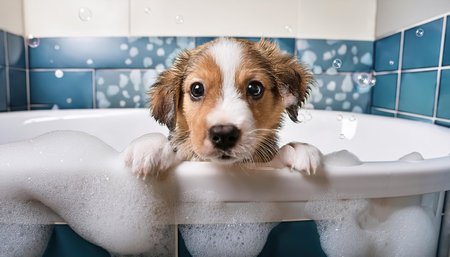 A playful puppy peeks over the edge of a bubble filled bath, enjoying a cheerful moment.の素材
