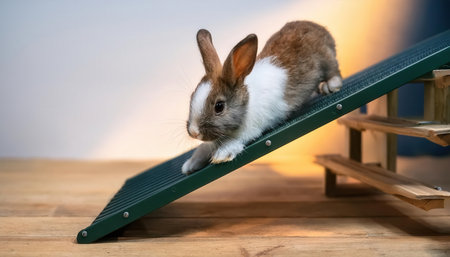 A lively rabbit skillfully navigates a colorful ramp with a playful spirit in a warm indoor space.の素材