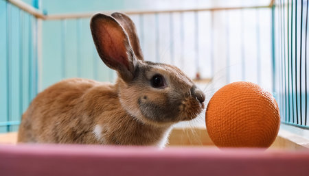 A curious rabbit interacts with a bright orange ball in a cozy indoor environment full of joy.の素材