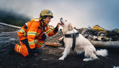 A rescue team member interacts playfully with a golden retriever amidst rugged terrain and clouds.の素材