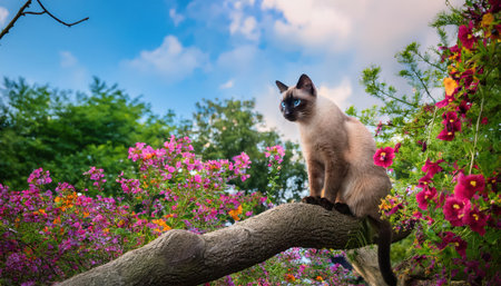 A curious Siamese cat perches on a branch amid blooming flowers under a bright sky.の素材