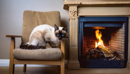 A cozy cat relaxes in a chair by a crackling fireplace, savoring a peaceful moment.の素材