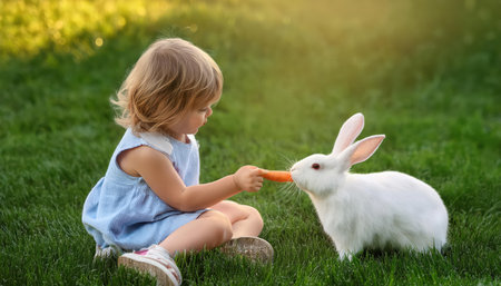 A joyful child interacts with a friendly rabbit while offering a carrot on a sunny day.の素材