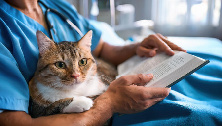 In scrubs, a person reads a book as their colorful cat relaxes on their lap.の素材