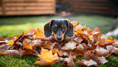 A playful dachshund digs in colorful leaves, enjoying the sunny fall garden.の素材