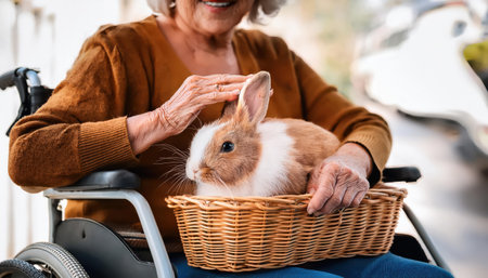 An elderly woman gently pets a fluffy rabbit while sitting in her wheelchair, radiating happiness.の素材