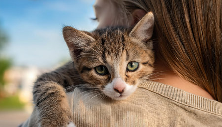 A playful cat snuggles closely against a persons shoulder, enjoying a warm day.の素材