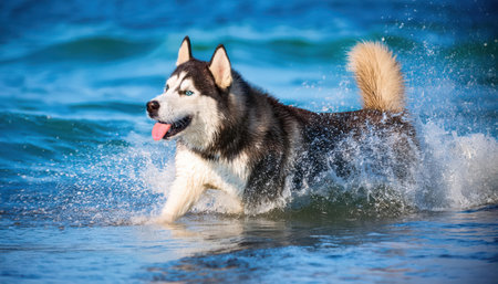 A lively husky joyfully runs through the water, its fur glistening under the bright sun.の素材