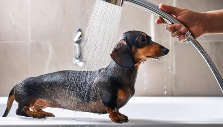A happy dog stands in a tub while being showered with warm water, enjoying bath time.の素材