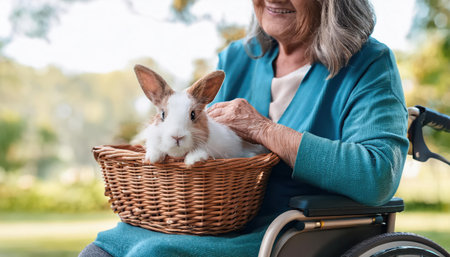 A cheerful woman gently pets her fluffy bunny while sitting in a wheelchair in a vibrant garden.の素材