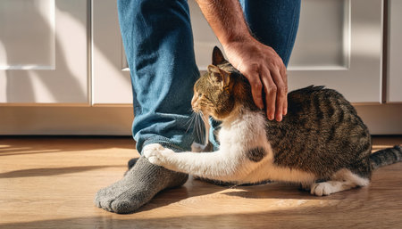 A playful cat interacts lovingly with its owner, basking in warm sunlight near cozy furniture.の素材