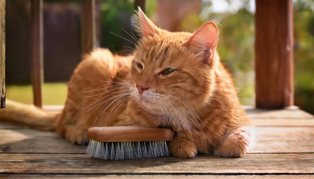 Orange tabby comfortably rests beside a grooming brush while basking in the warm afternoon sun.の素材