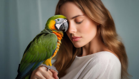 A woman softly touches her forehead to a colorful parrot, sharing a moment of harmony and affection.の素材
