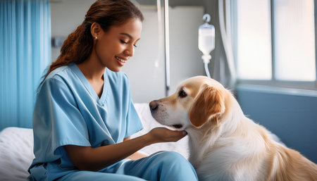 A gentle interaction unfolds as a dedicated caregiver comforts a loving dog in a serene clinic.の素材