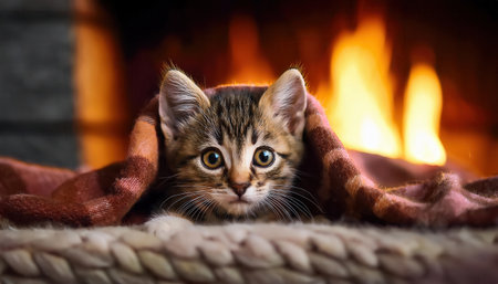 A playful kitten peeks out from a soft blanket, nestled comfortably near a warm fireplace.の素材