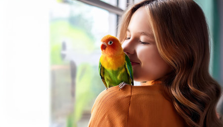 A girl enjoys a heartwarming moment with her colorful parrot perched on her shoulder, smiling.の素材