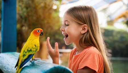 A young girl smiles brightly as she interacts with a colorful parrot perched nearby.の素材