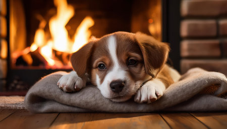 A small, adorable puppy rests on a soft blanket while enjoying the warmth from the fireplace.の素材
