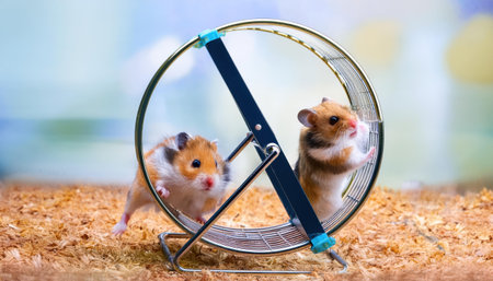 Hamsters race playfully in their bright wheel, embodying the spirit of energetic companionship.の素材