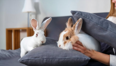 Two adorable rabbits enjoy a moment of tranquility beside soft pillows while being gently held.の素材
