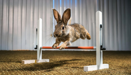 A lively rabbit executes an impressive jump against a backdrop of soft, warm lighting.の素材