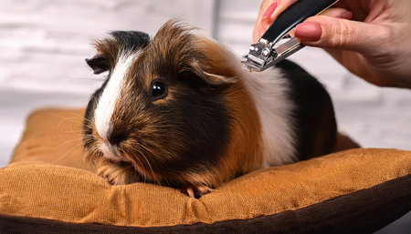 A small guinea pig is relaxed on a plush cushion while getting its nails trimmed with care.の素材