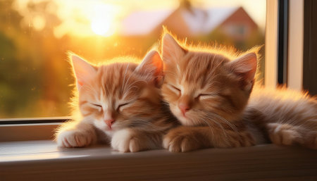 Two fluffy orange kittens snuggle together, enjoying the warm sunlight streaming through the window.の素材