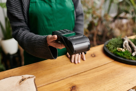 Woman in a lively workshop, holding payment terminal.