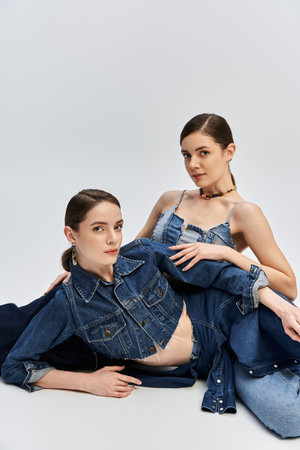 Two beautiful sisters pose gracefully in trendy denim outfits, exuding elegance and style.の写真素材